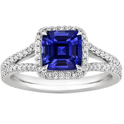 Goldener Halo-Diamant-Verlobungsring 3,25 Karat Asscher Blauer Saphir - harrychadent.ch