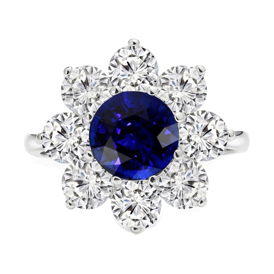 Goldener Halo-Diamantring Blauer runder Saphir-Blumenstil 4,50 Karat - harrychadent.ch