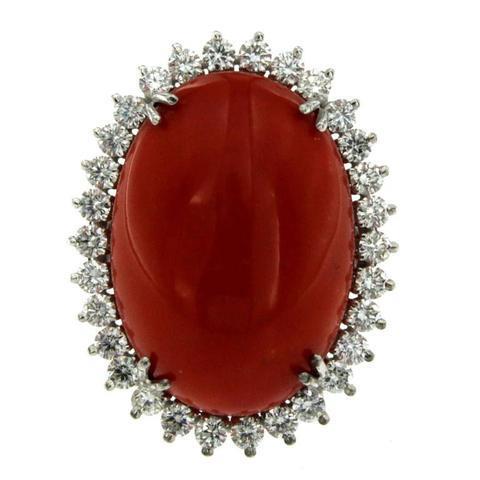 Große ovale rote Koralle mit kleinen runden Diamanten 13 Karat Ring Weißgold 14K - harrychadent.ch
