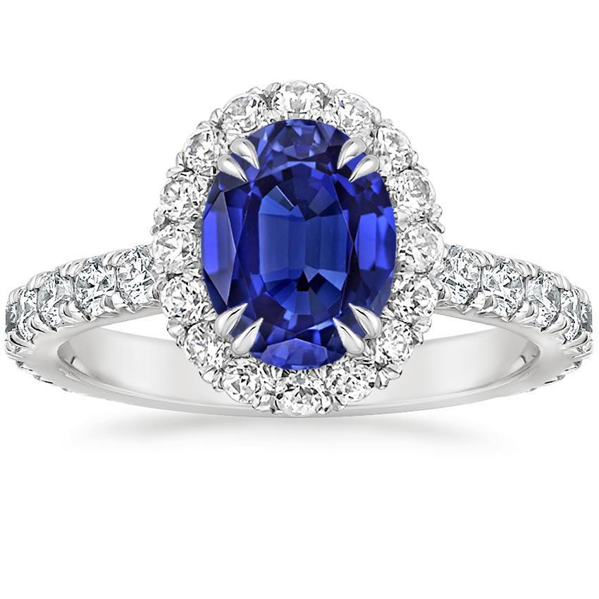 Halo Diamantring Oval tiefblauer Saphir-Klauen-Zinken-Set 6,50 Karat - harrychadent.ch