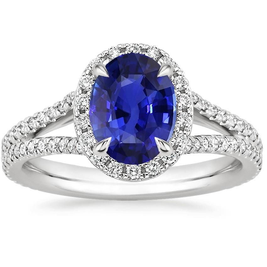 Halo Ring Oval Ceylon Saphir & Diamanten V Split Shank 4 Karat - harrychadent.ch