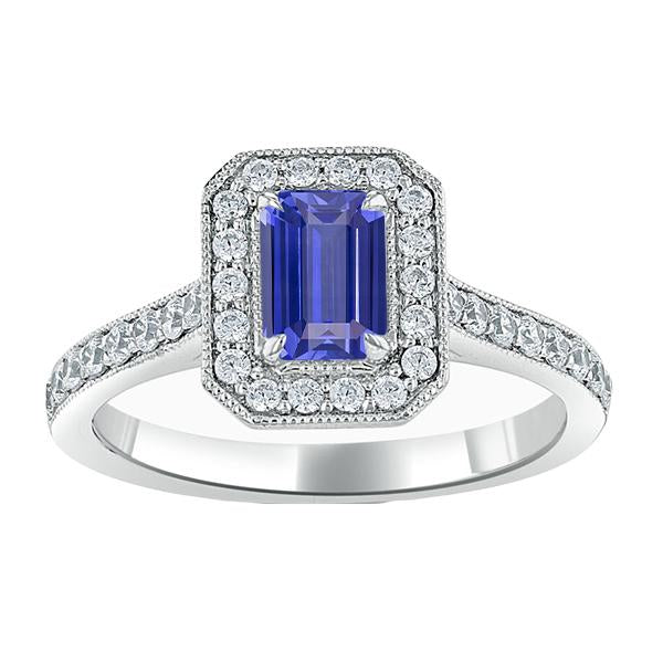 Halo Ring Smaragd Saphir & Diamanten 3 Karat Weißgold Milgrain - harrychadent.ch