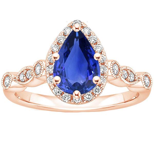 Halo Ring Vintage-Stil Birnenblauer Saphir & Diamanten 4 Karat