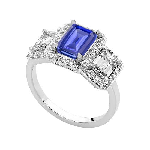 Halo Smaragdblauer Saphir-Diamant-Ring 3 Stein-Stil Schmuck 3 Karat - harrychadent.ch