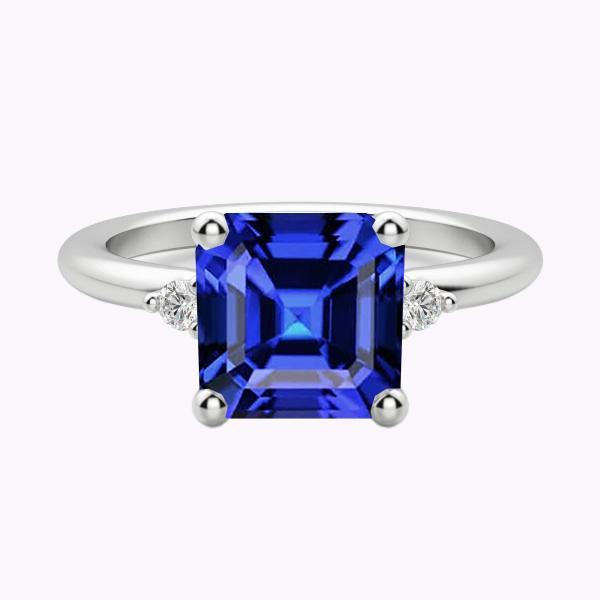 Kleiner runder Diamant 3 Stein Blauer Saphir Ring Asscher Schliff 2,75 Karat - harrychadent.ch