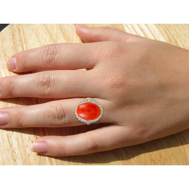 Ovale rote Koralle mit Diamanten 11,20 ct Ehering 14K Gelbgold 14K - harrychadent.ch