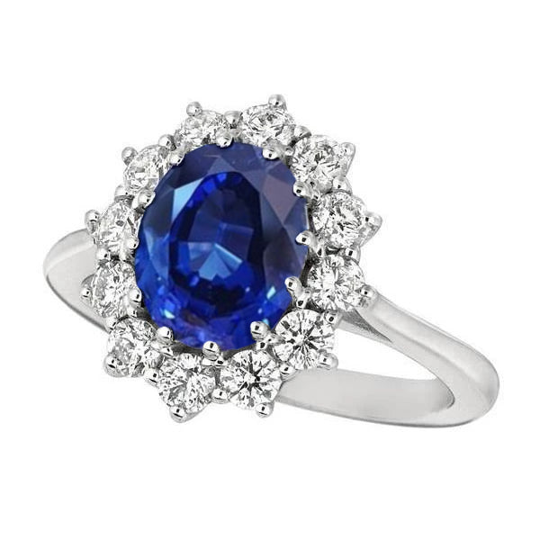 Ovaler blauer Saphir & runde Diamanten Halo-Ring 6.50 ct. Weißgold 14K