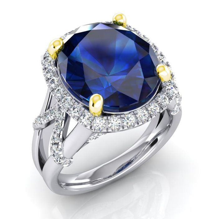 Ovaler blauer Saphir und Diamanten im Rundschliff-Edelsteinring 7.80 Karat