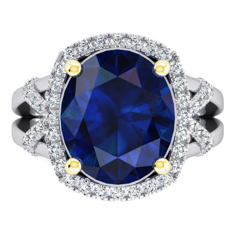 Ovaler blauer Saphir und Diamanten im Rundschliff-Edelsteinring 7.80 Karat