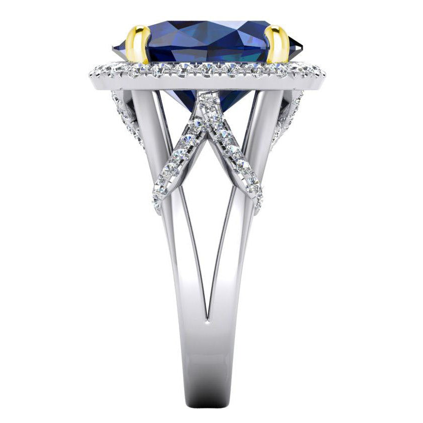 Ovaler blauer Saphir und Diamanten im Rundschliff-Edelsteinring 7.80 Karat