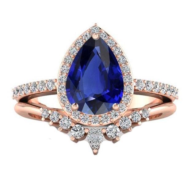 Pear Halo Ehering-Set Tiefblauer Saphir & Diamanten 4,50 Karat - harrychadent.ch