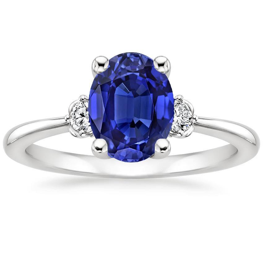 Ring mit drei Steinen Diamant & Oval Ceylon Saphir 3,50 Karat Weißgold - harrychadent.ch