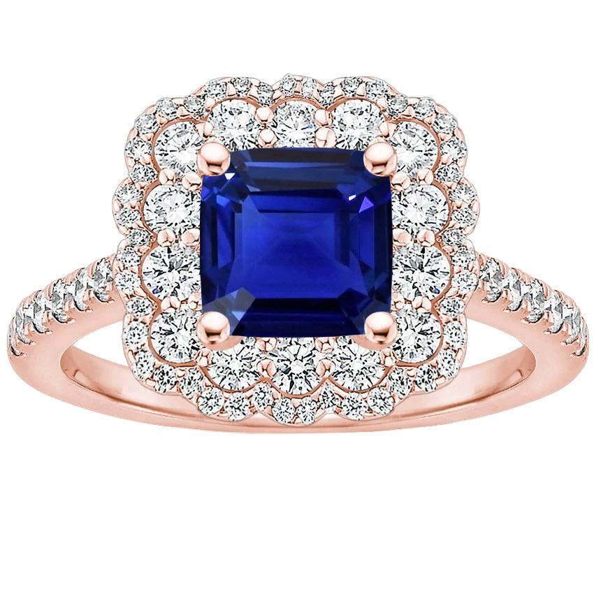Ringkissen mit Halo-Diamant aus Roségold, blauer Saphir, Zentrum 3.75 Karat - harrychadent.ch