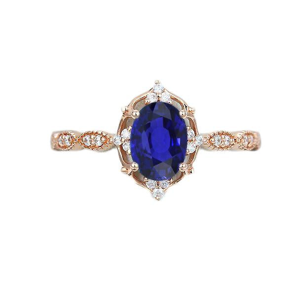Rose Gold Diamant Halo Vintage-Stil Blauer Saphir Ring 3 Karat - harrychadent.ch