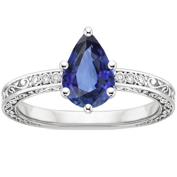 Solitär Ring Birne Blauer Saphir Mit Diamant Filigran Schaft 4 Karat