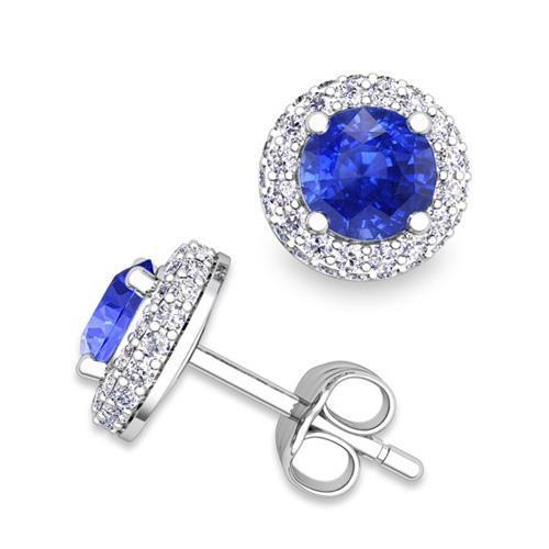 Runder Brillantschliff 4 ct Ceylon-Saphir und Diamant-Ohrstecker Halo