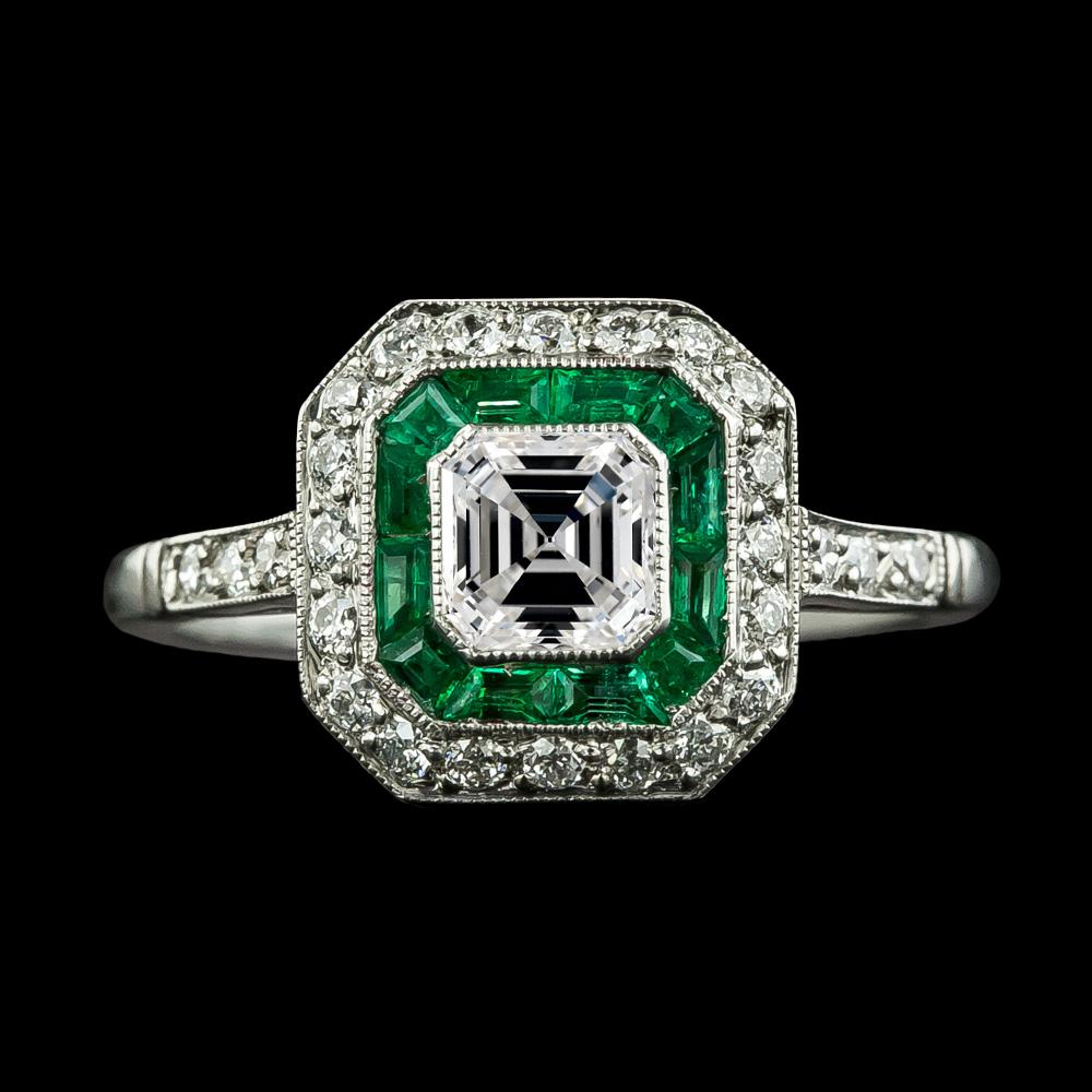 Doppel Halo Ring Asscher Diamant & Trapez Grüner Smaragd 4 Karat - harrychadent.ch