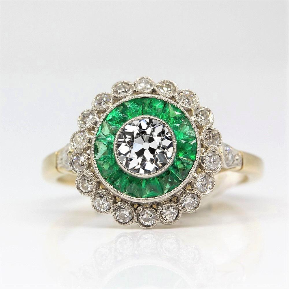 Doppelter Halo Runder Altschliff Diamantring Grüne Saphire 4 Karat - harrychadent.ch