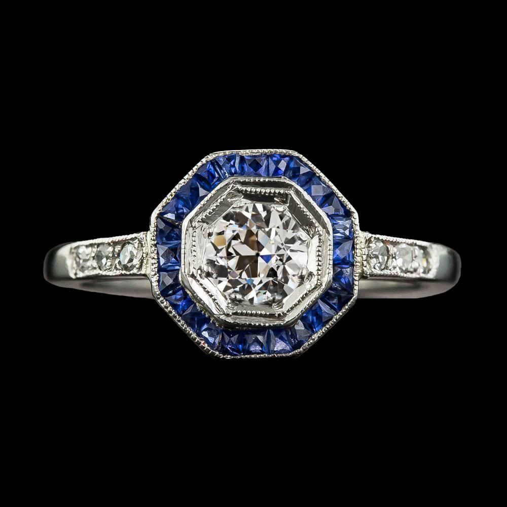 Halo alter Bergmann Diamant Blauer Saphir Edelsteinring 3 Karat Milgrain - harrychadent.ch