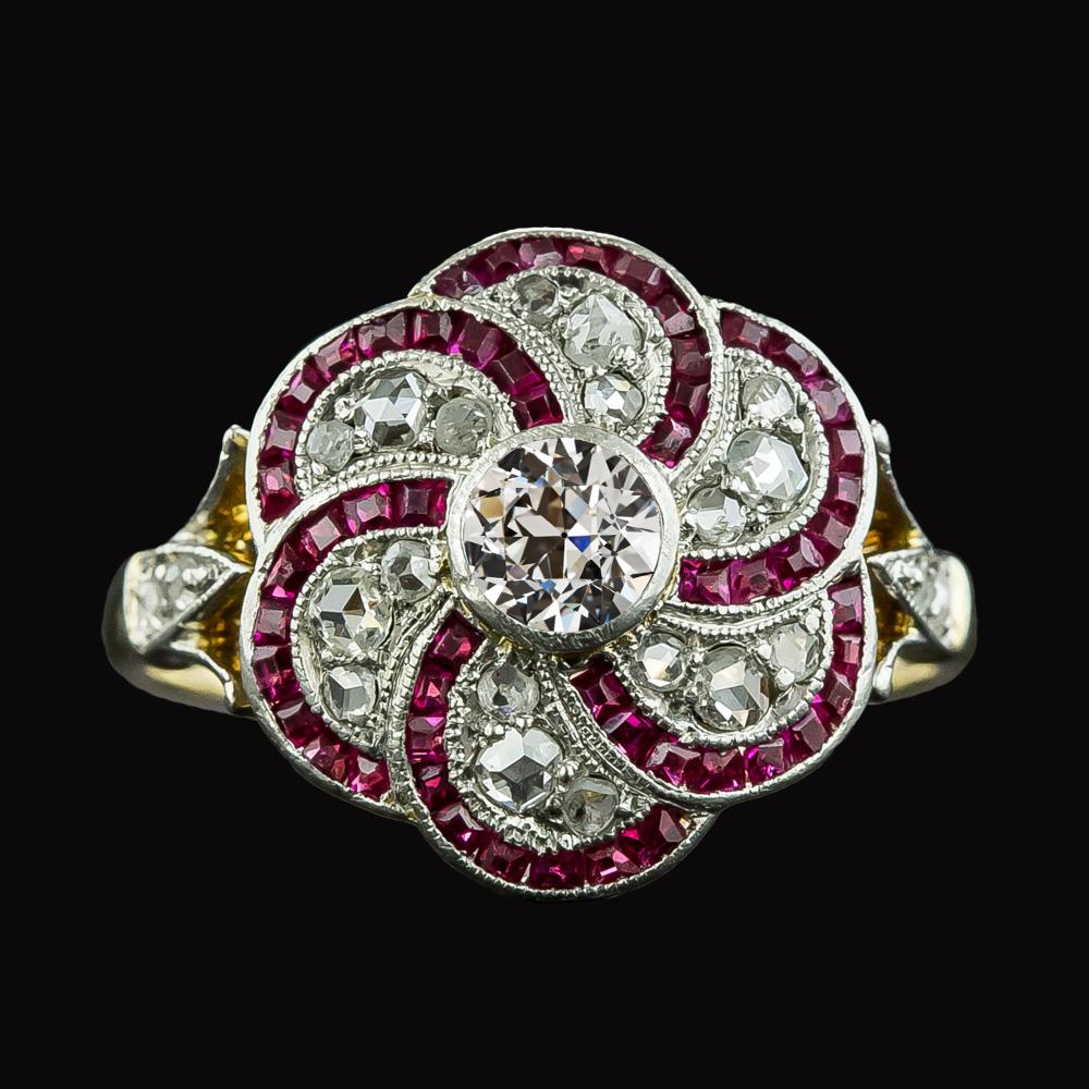 Halo Old Cut Diamant & Trapez Rubin Ring Blumenstil 4 Karat - harrychadent.ch