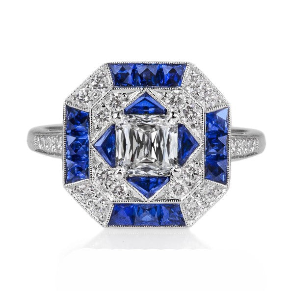 Miligrain Halo-Saphir-Ring Trapez & Prinzessin Diamant 4,50 Karat