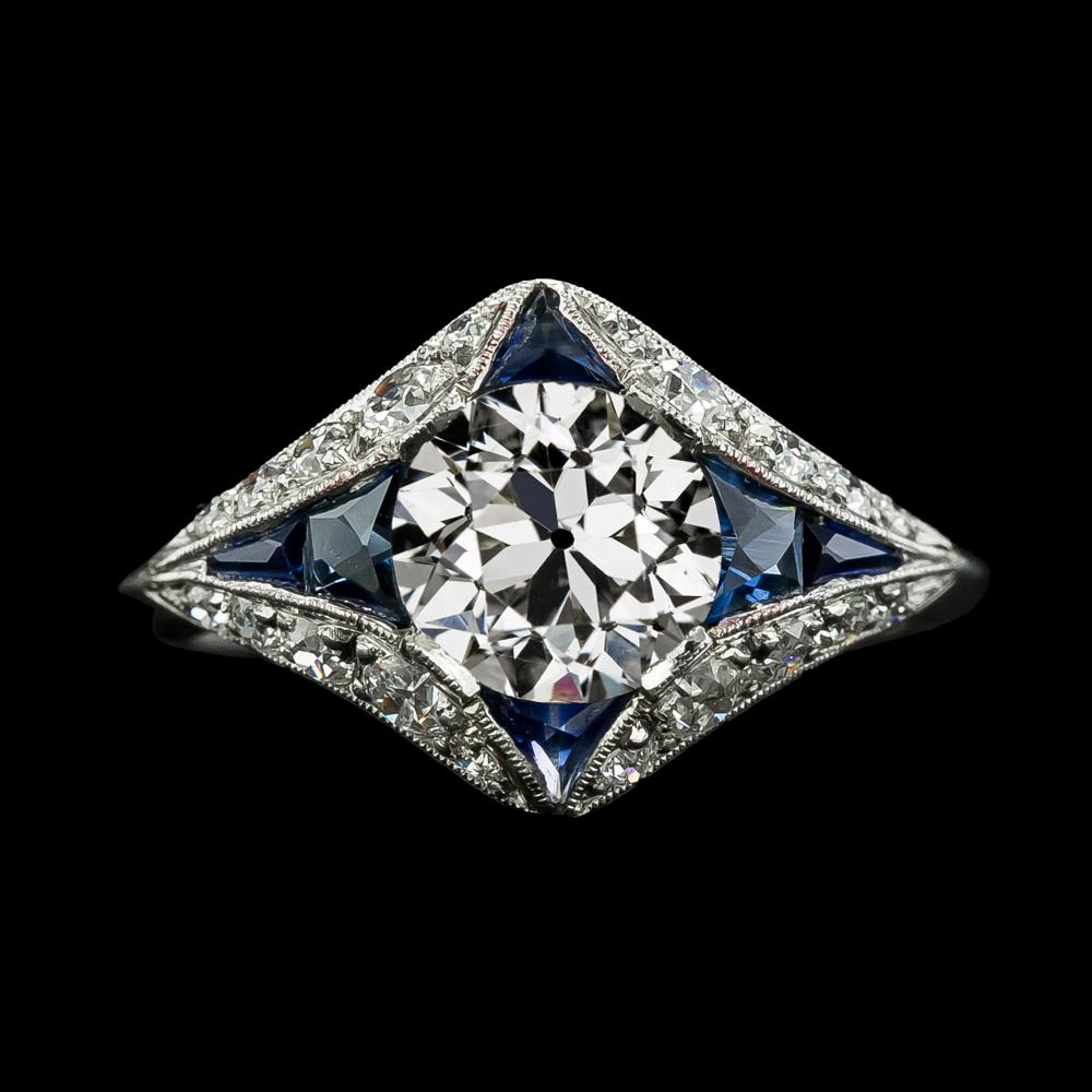 Old Mine Cut & Trapezoid Saphir Diamantring 3,75 Karat Milgrain - harrychadent.ch