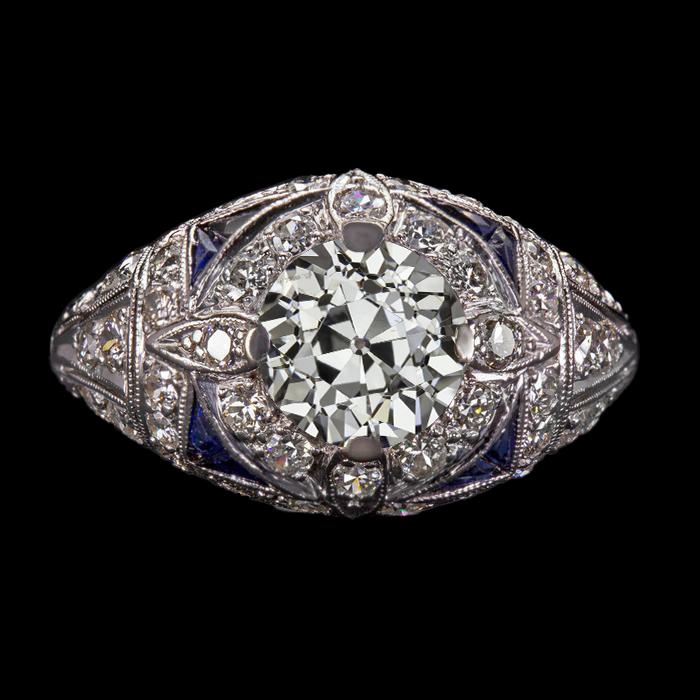 Antiker runder alter Minenschliff Diamant blauer Saphir Ring 4 Karat - harrychadent.ch