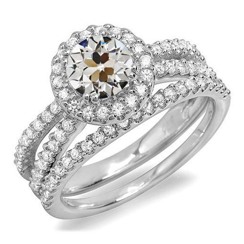 Halo alter Bergmann Diamant-Ehering-Set mit doppeltem Schaft 5,50 Karat - harrychadent.ch