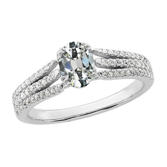 Ovaler alter Minenschliff Diamantring mit geteiltem Schaft 5,50 Karat Pave Set Gold - harrychadent.ch