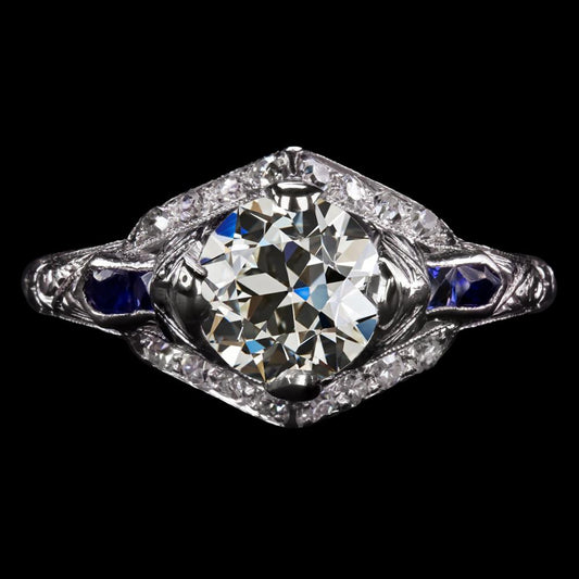 Runder alter Bergmann Diamant & blauer Saphir Ring im antiken Stil 4,25 Karat - harrychadent.ch