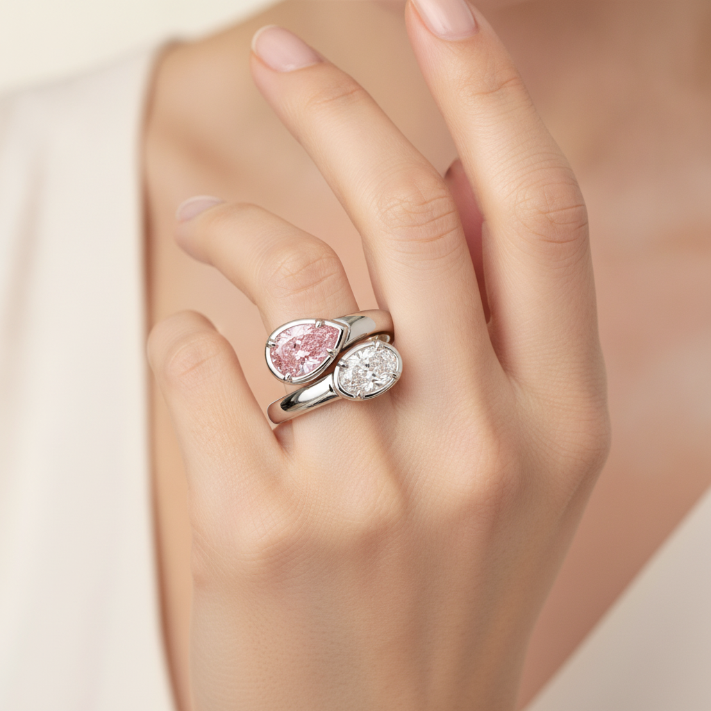Bypass-Ring aus 14 Karat Weißgold mit im Labor gezüchtetem ovalem rosa Diamanten, 1,75 Karat