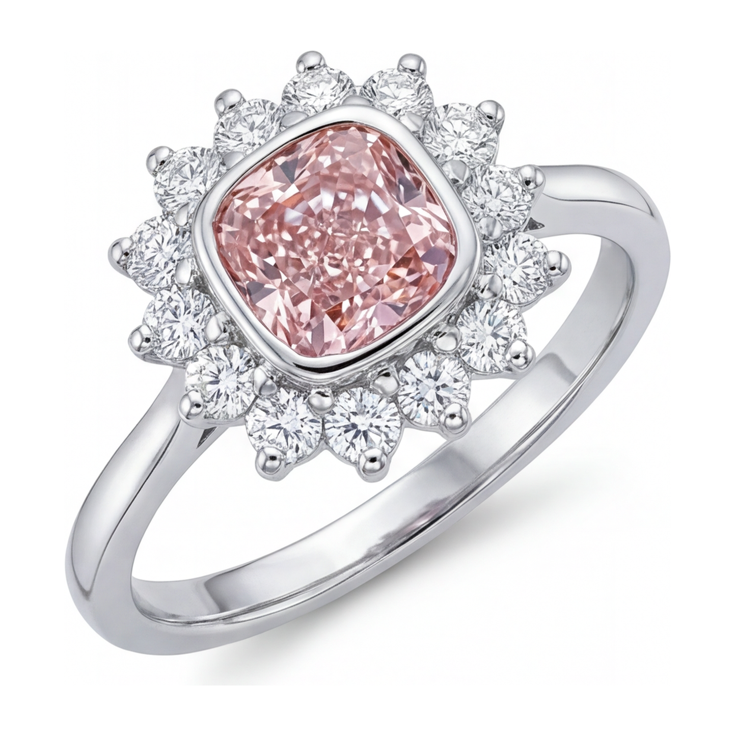 Verlobungsring mit rosa Edelstein, 1 Karat im Labor gezüchteter Diamant im Kissenschliff, Halo, 14 Karat Weißgold