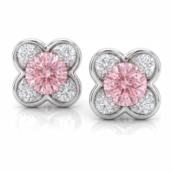 Rosa Diamant-Ohrringe 1 Karat im Labor gezüchtet Rundes Cluster 14 Karat Weißgold