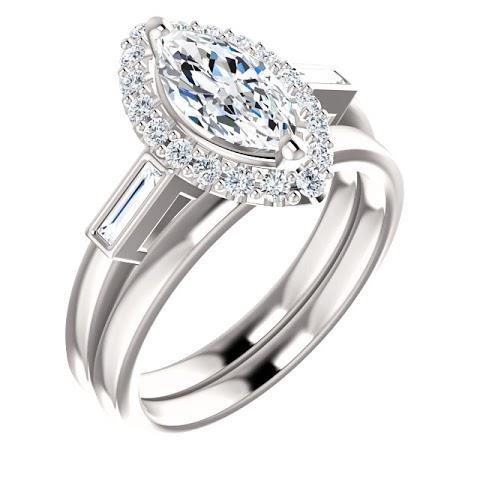 1.30 Karat Marquise Center Echt Diamant Und Baguette Halo Verlobungsring