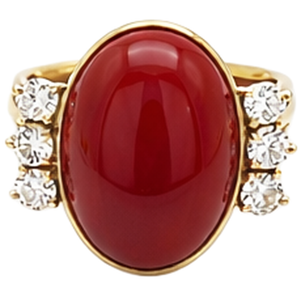 10.25 Karat große rote Koralle mit Diamanten Ring Neu Gelbgold 14K