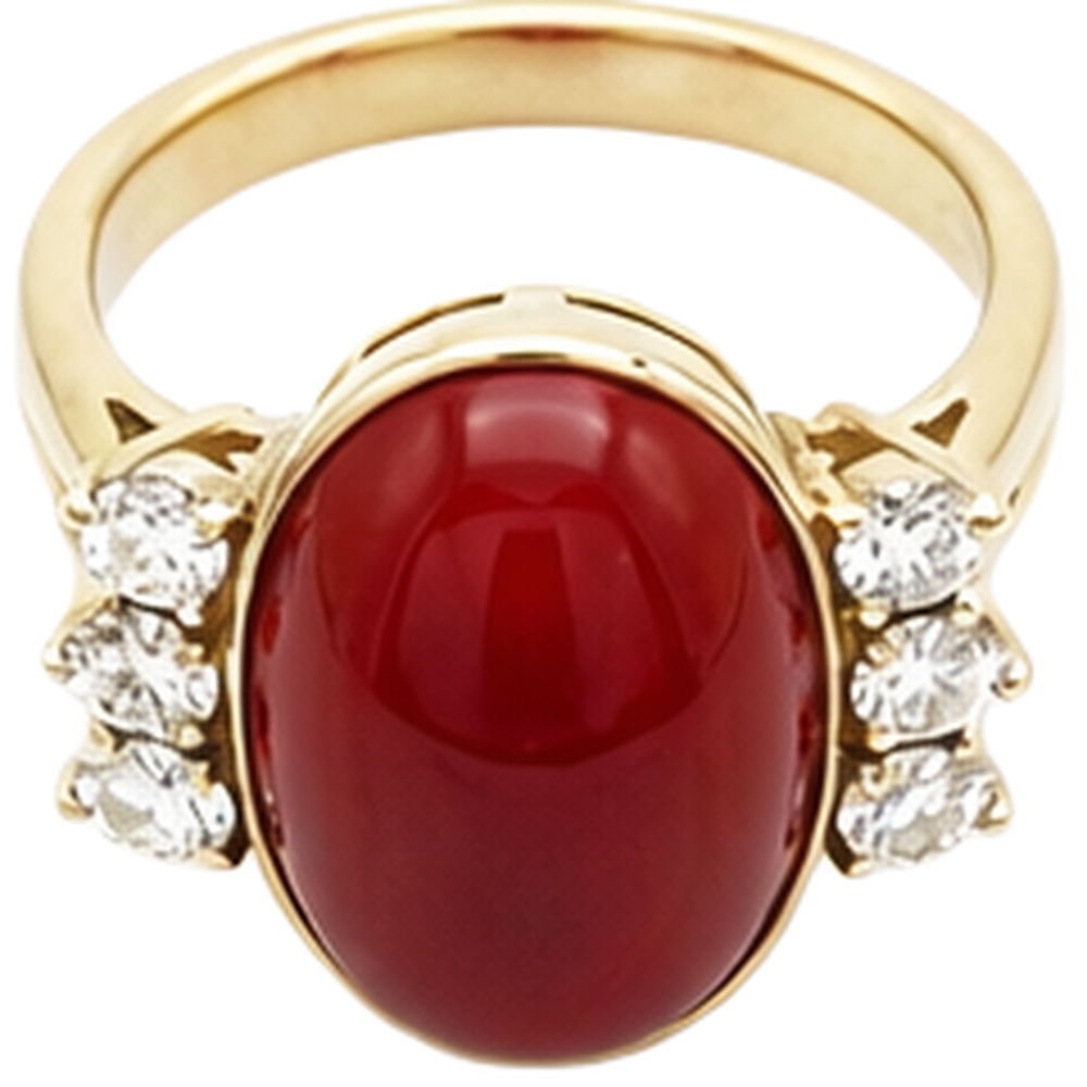 10.25 Karat große rote Koralle mit Diamanten Ring Neu Gelbgold 14K