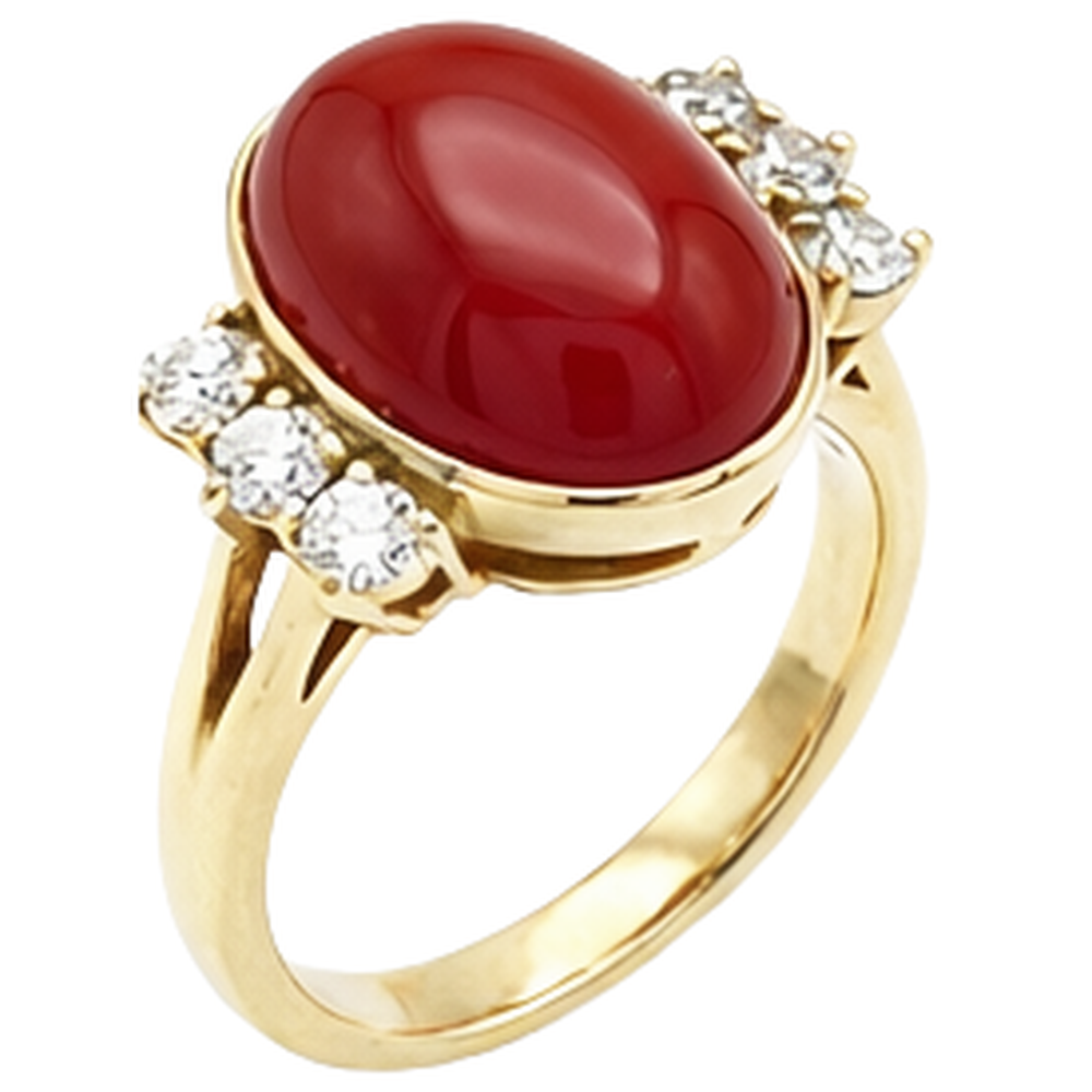 10.25 Karat große rote Koralle mit Diamanten Ring Neu Gelbgold 14K