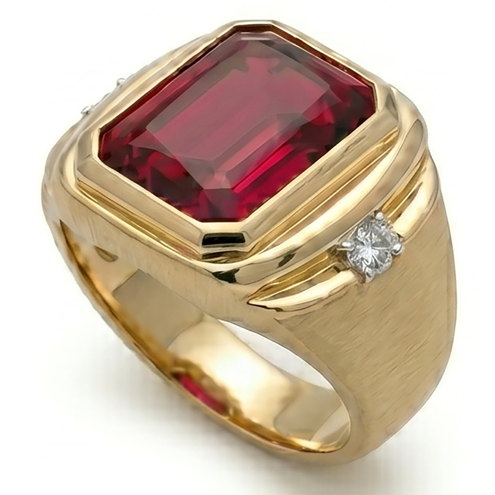 10K Yellow Gold Taubenblut-Rubin Herrenring – 7,20-Karat Radiant