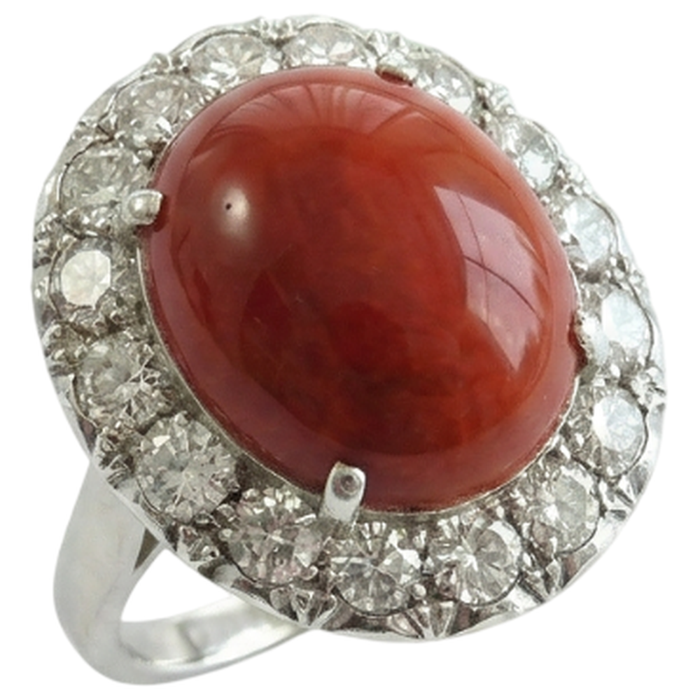 11.25 Kt. Rundschliff Roter Koralle Und Diamanten Ehering 14K Gold