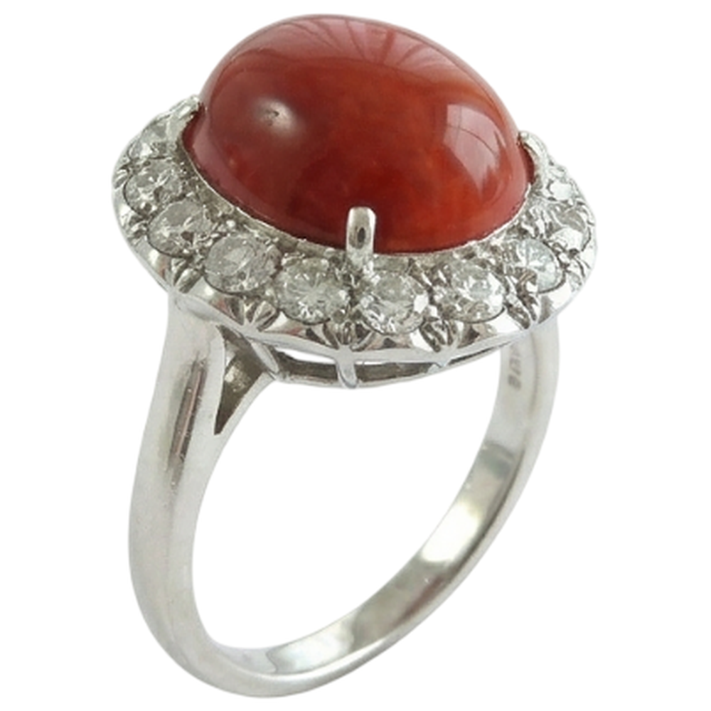 11.25 Kt. Rundschliff Roter Koralle Und Diamanten Ehering 14K Gold