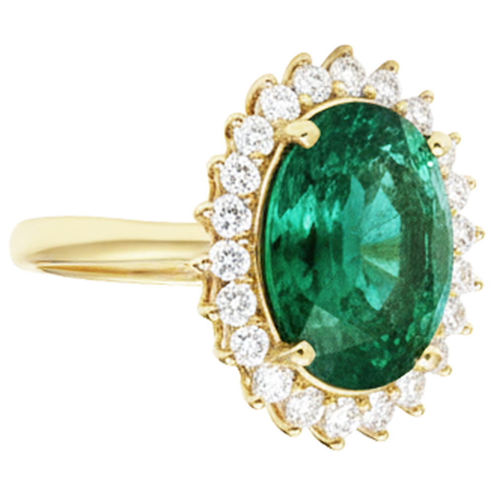 11 Kt Oval Grüner Smaragd Mit Diamant Ehering 14K Gelb gold