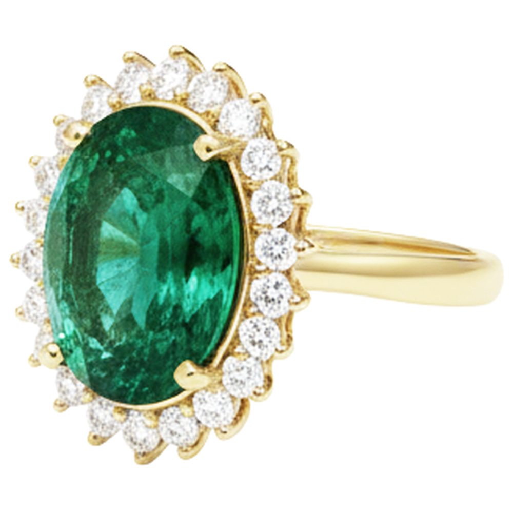 11 Kt Oval Grüner Smaragd Mit Diamant Ehering 14K Gelb gold