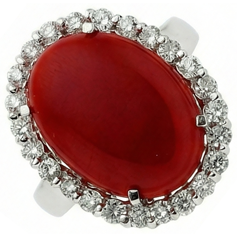 11,25 Kt. Krappenset Rote Koralle mit Diamanten Ring 14K Weißgold