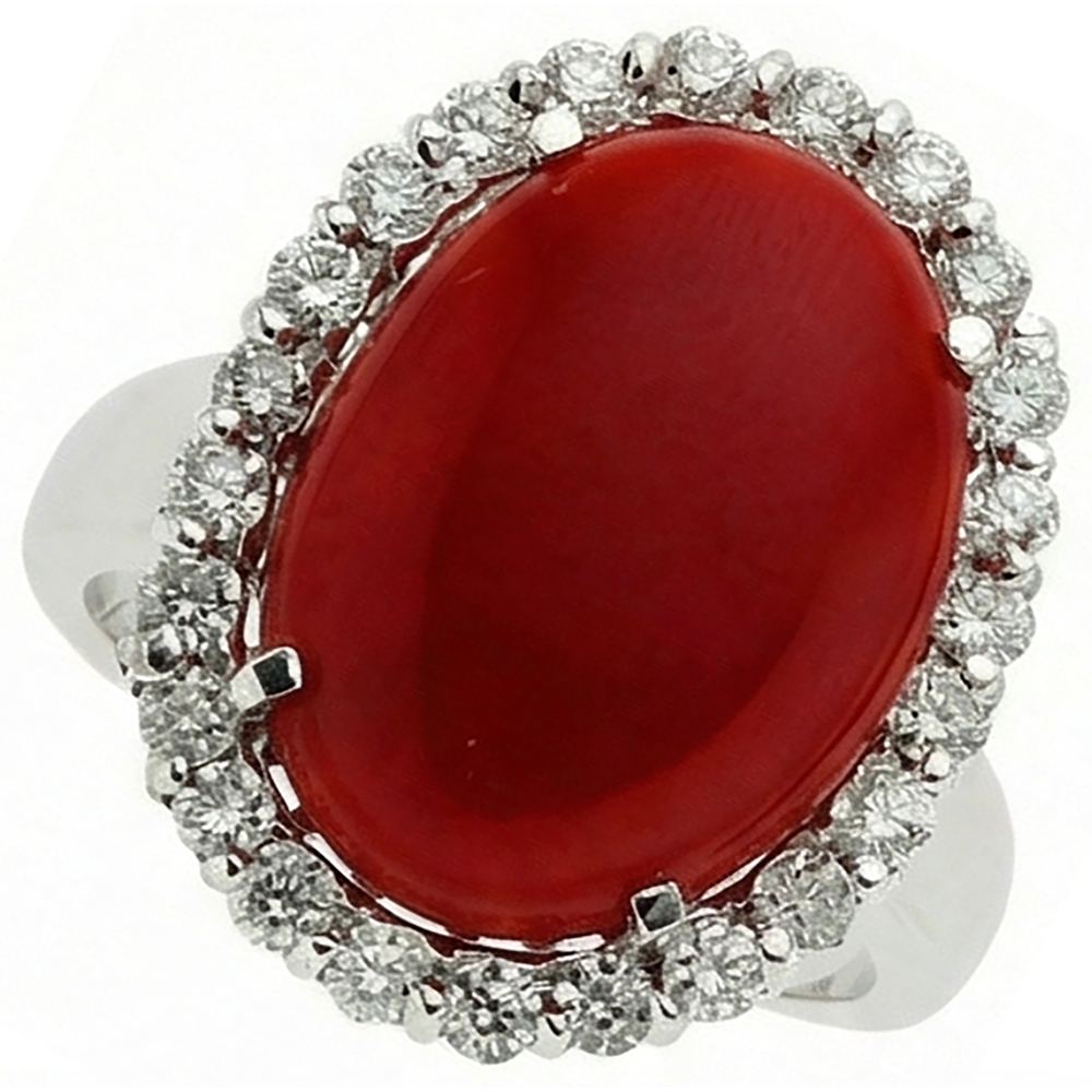 11,25 Kt. Krappenset Rote Koralle mit Diamanten Ring 14K Weißgold