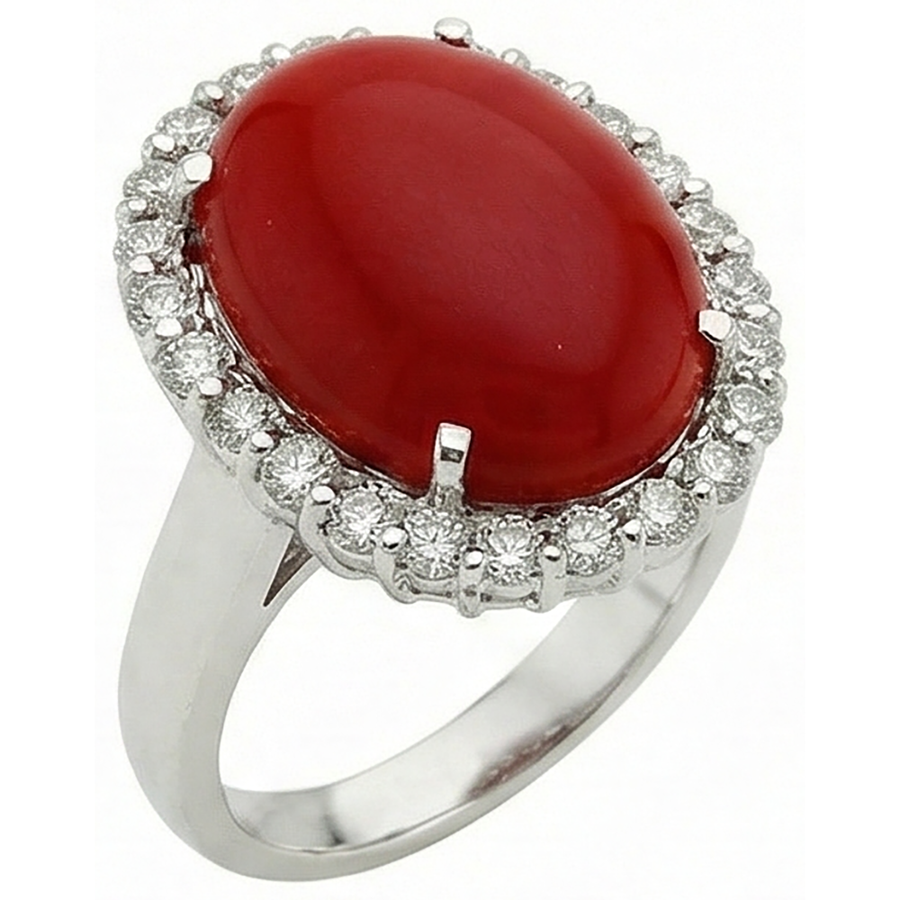 11,25 Kt. Krappenset Rote Koralle mit Diamanten Ring 14K Weißgold