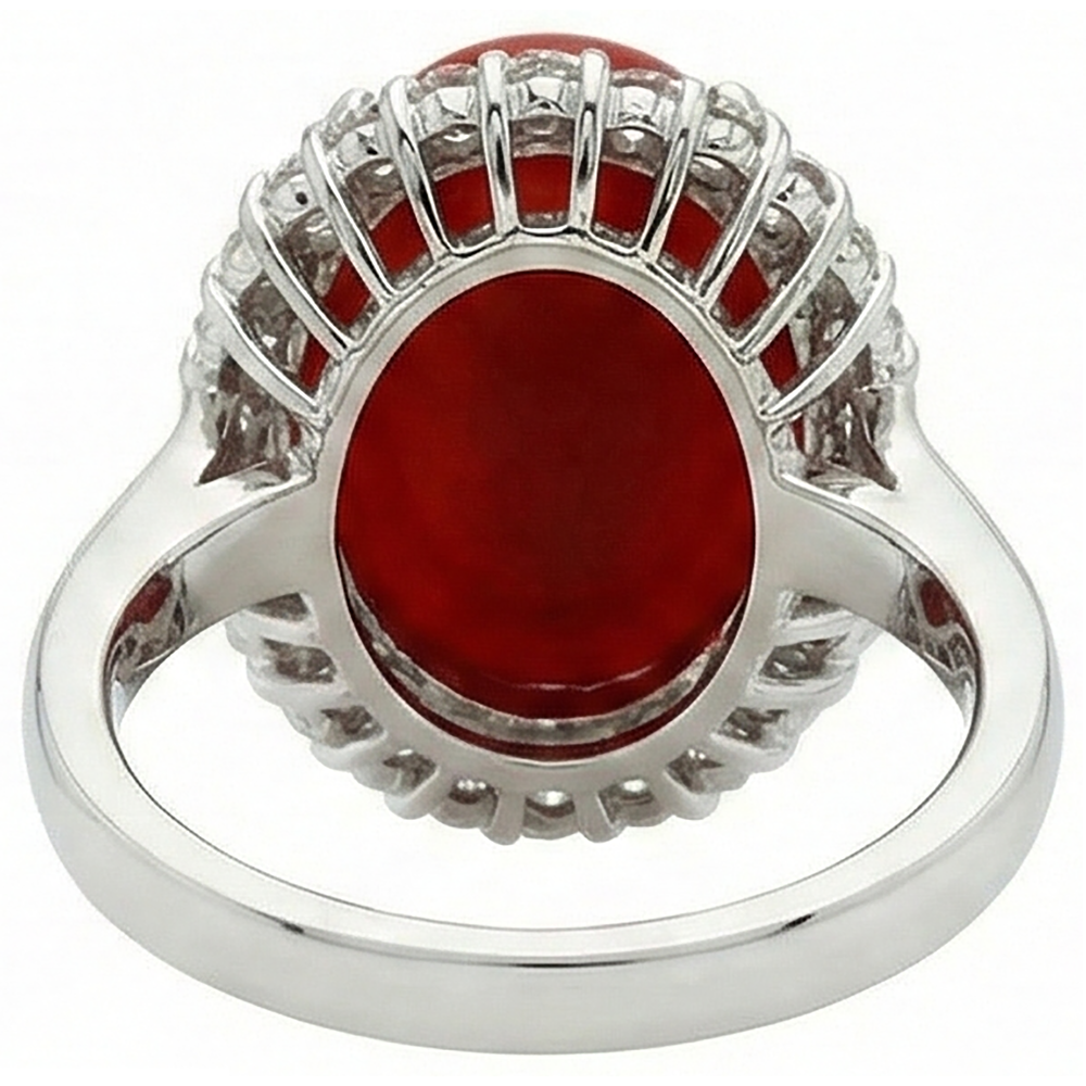 11,25 Kt. Krappenset Rote Koralle mit Diamanten Ring 14K Weißgold