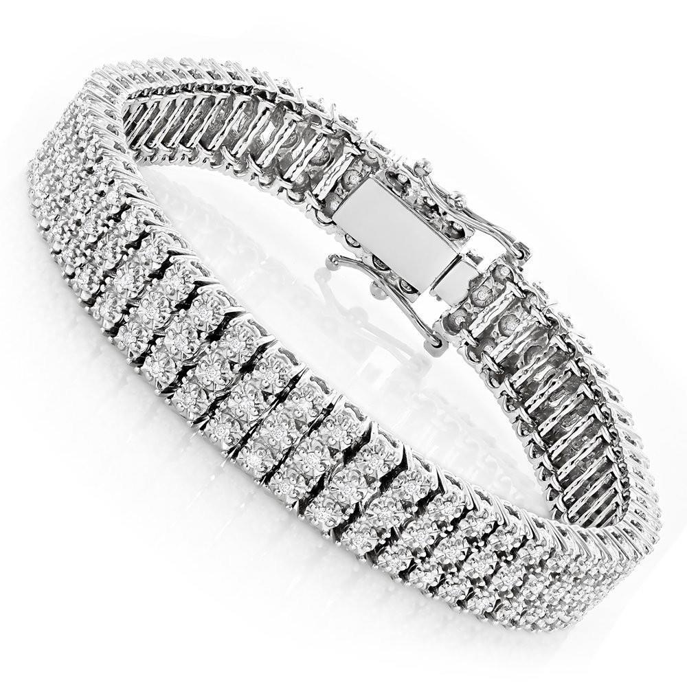 11,80 Karat Dreireihig Sparkling Natürliche Diamants Herrenarmband Wg 14K