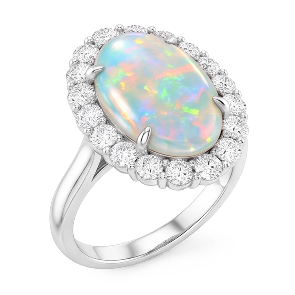 12.50 Karat Opal und Diamanten Ehering Neu Weißgold 14K