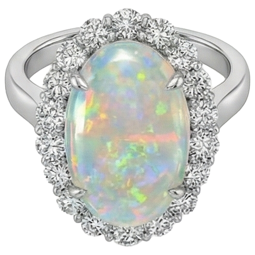 12.50 Karat Opal und Diamanten Ehering Neu Weißgold 14K