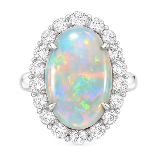 12.50 Karat Opal und Diamanten Ehering Neu Weißgold 14K